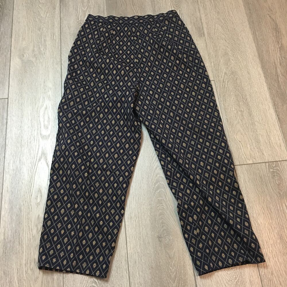 Talbots Black Navy Gold Crest Print Stretchable Cotton Dress Pants Size 10